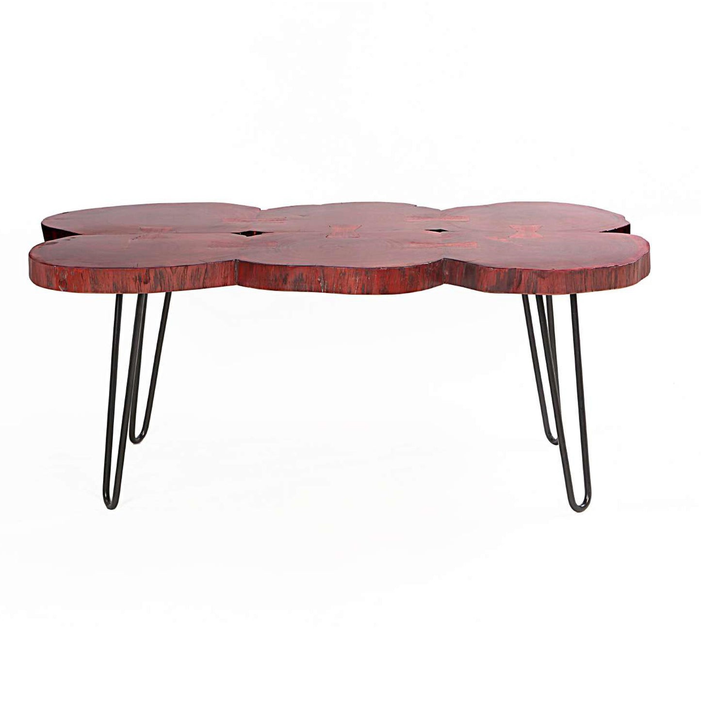 44 Inch Acacia Wood Coffee Table with Quatrefoil Top and Iron Hairpin Legs, Walnut Brown and Black Live Edge