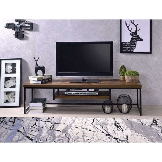 Rustic Oak & Black Metal TV Stand with Industrial Appeal