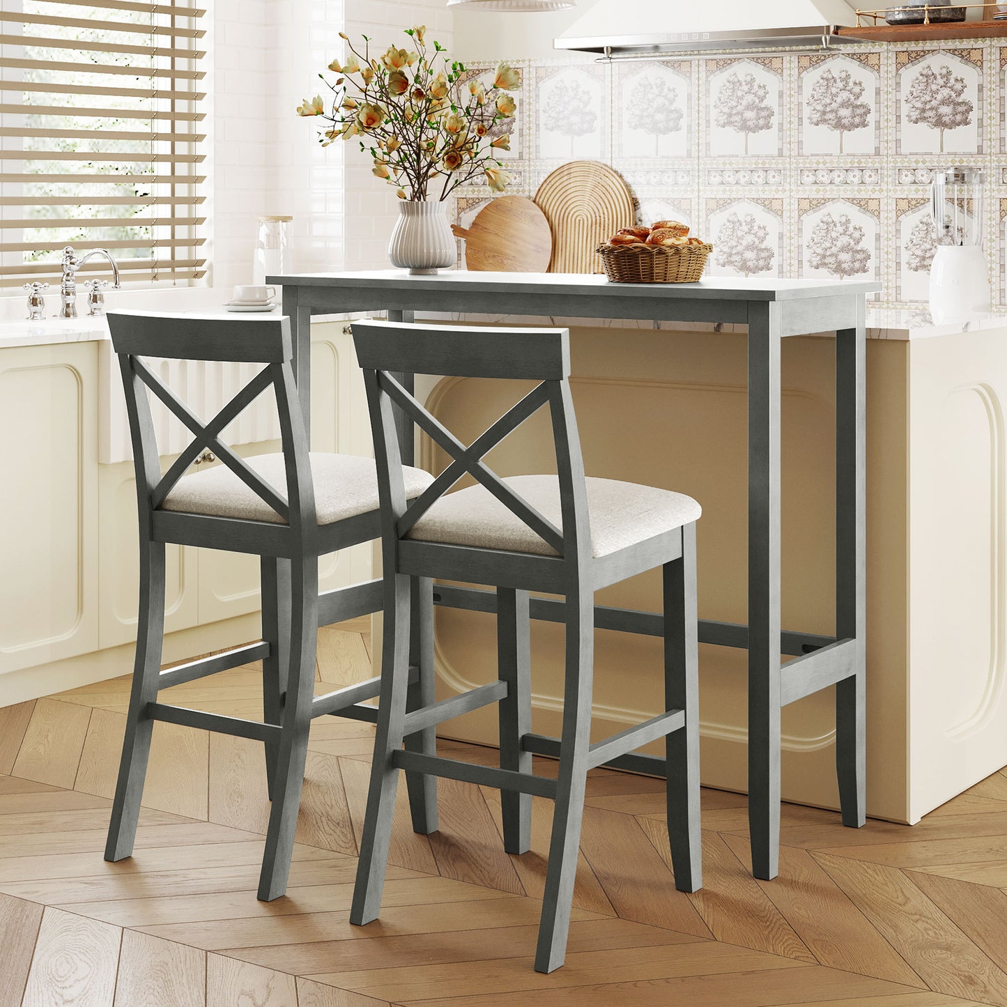 Farmhouse 48"Rectangular Wood Bar Height Dining Set Kitchen Breakfast Nook with 2 Chairs for Small Places,Gray