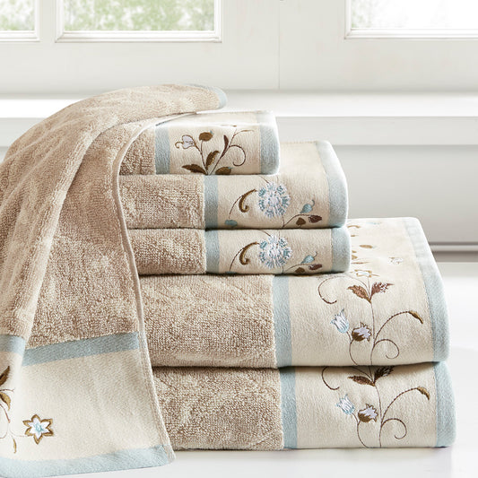 Embroidered Leaf Design Cotton Jacquard 6-Piece Towel Set