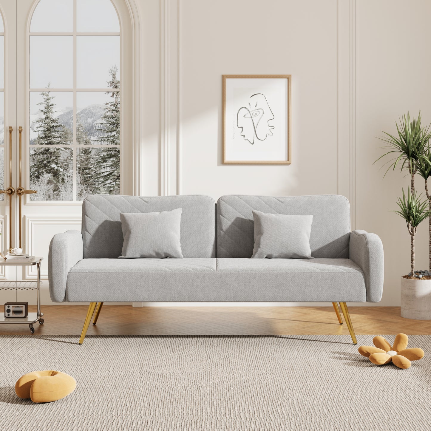 70.47 Gray Fabric Double Sofa with Split Backrest and Two Throw Pillows