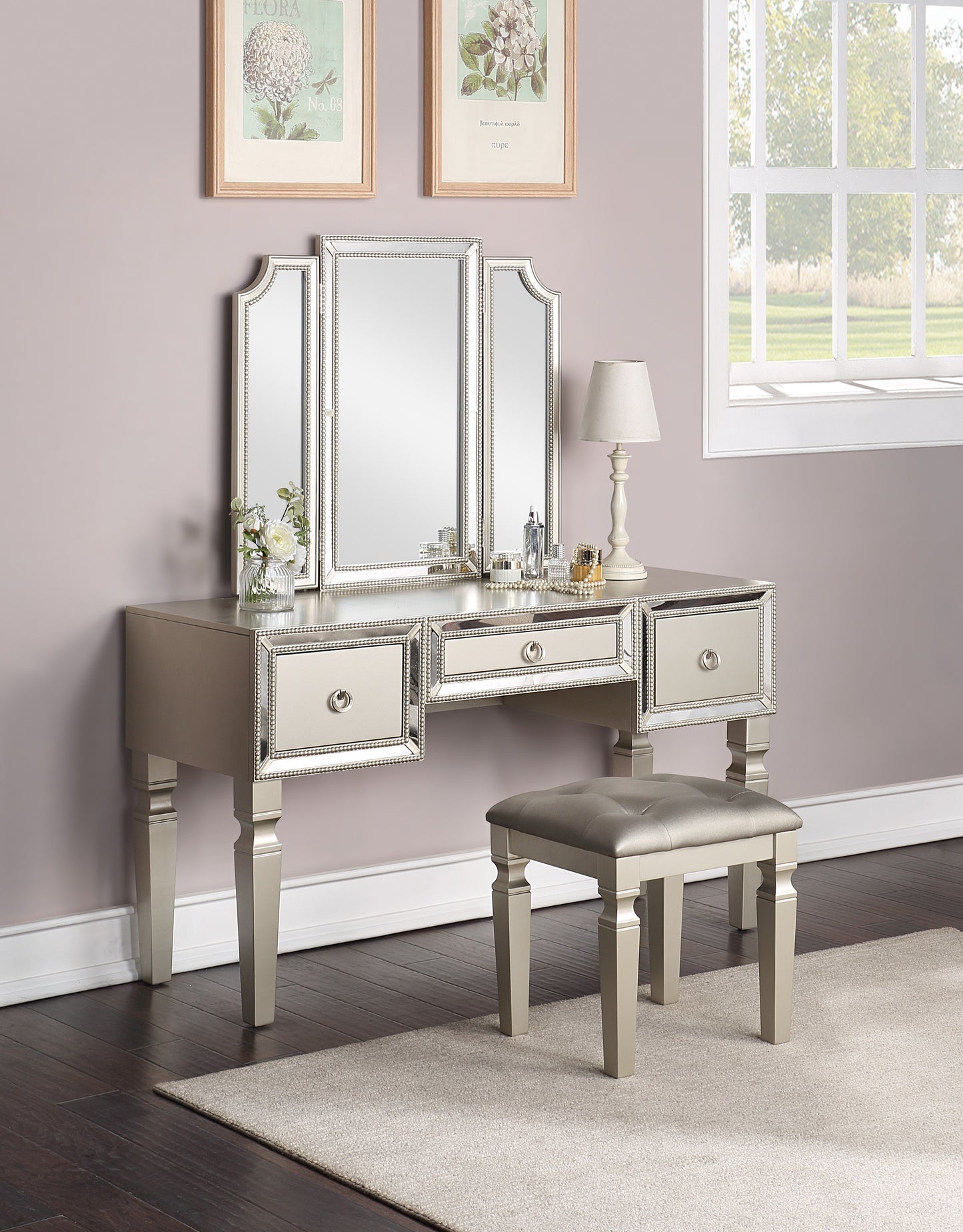 Luxurious Majestic Classic Silver Color Vanity Set w Stool 3- Storage Drawers 1pc Bedroom Furniture Set Tri-Fold Mirror