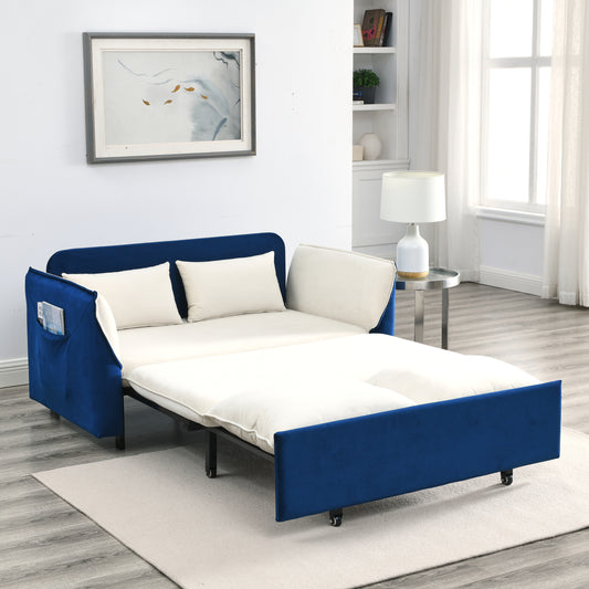 MH 57" Modern Convertible Sofa Bed with 2 Detachable Arm Pockets, Velvet Loveseat Multi-position adjustable Sofa with Pull Out Bed with Bedhead, 2 Pillows and Living Room, WHITE-BLUE