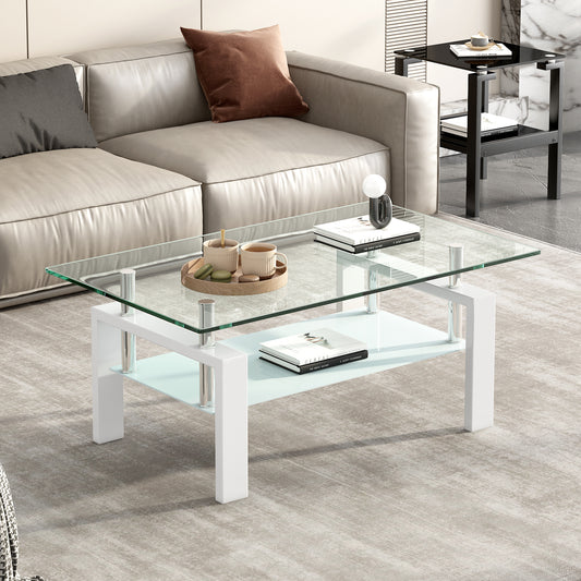 Clear Glass Coffee Table with Geometric Design and 2-Layers