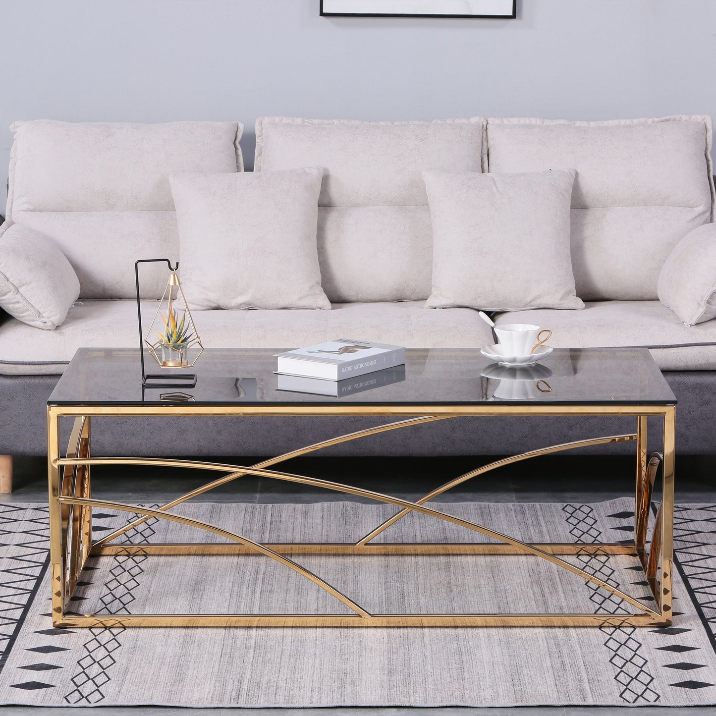 Elegant Gold Stainless Steel and Blue Gray Glass Coffee Table for Modern Living Room