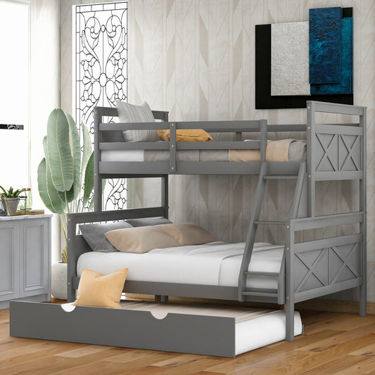 Modern Gray Triple Bed Bunk Set with Trundle and Safety Enhancements