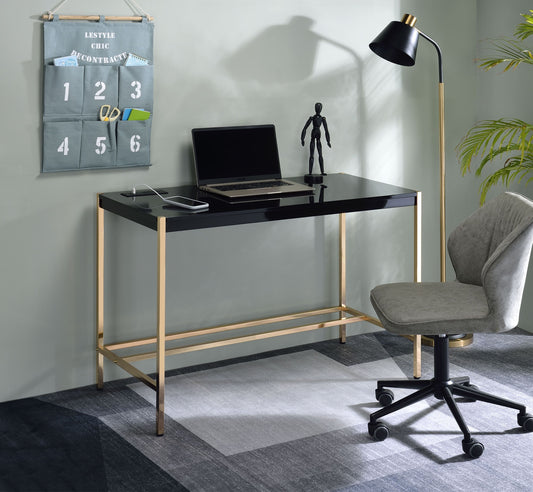 Sophisticated Black and Gold Writing Desk with USB Port - Midriaks OF00021