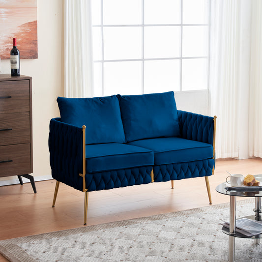 Mid Century Modern Velvet Loveseat Sofa Small Love Seats Handmade Woven & Golden Legs Comfy Couch for Living Room, Upholstered 2 Seater Sofa for Small Apartment , Blue Velvet