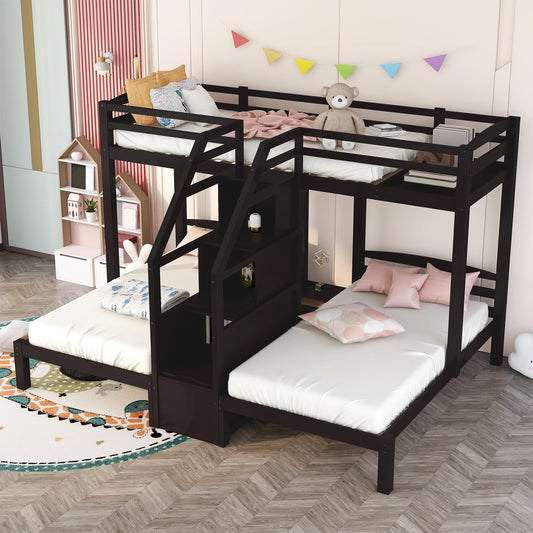 Espresso Triple Bunk Bed with Staircase and Storage Drawers