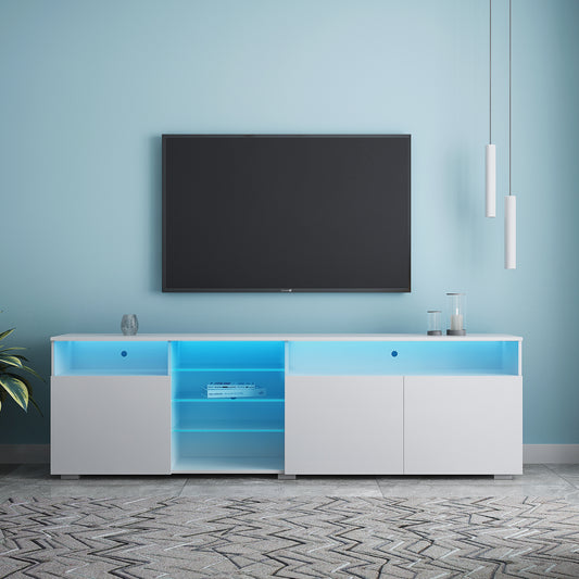 White LED TV Stand with Glossy Doors and Central Entertainment Center for Large Screens