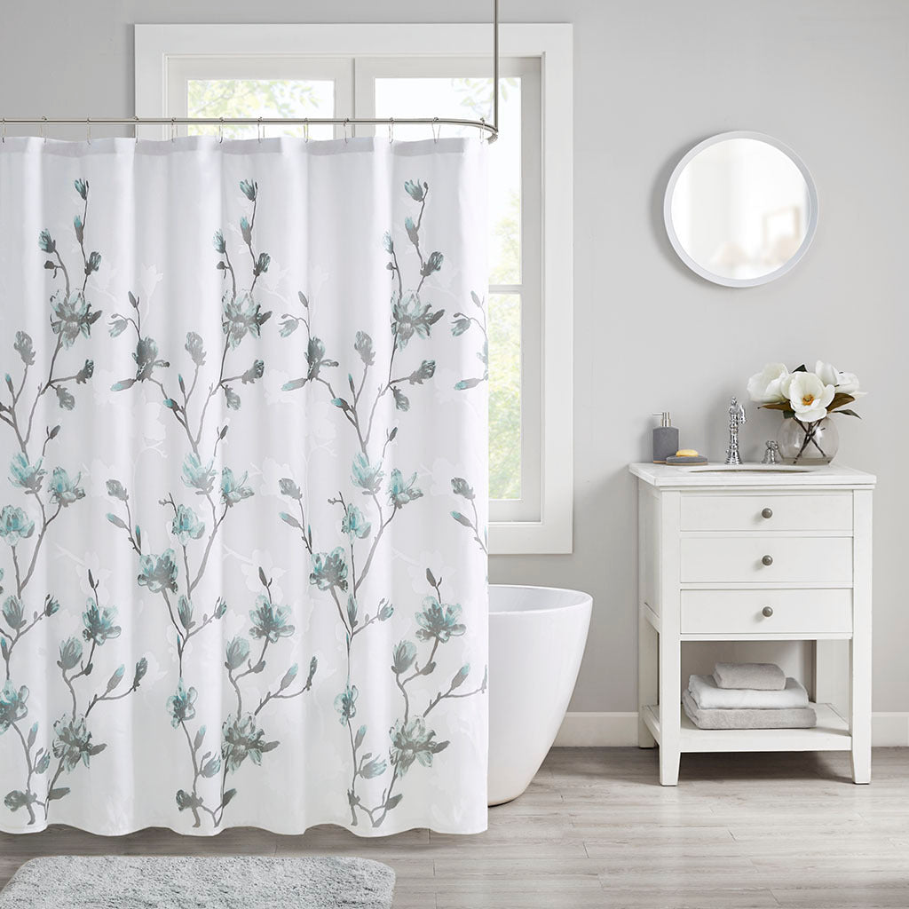 Elegant Aqua and Grey Floral Shower Curtain