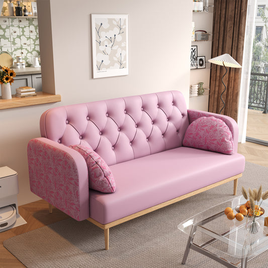 Loveseat sofa with tulip pattern Modern Upholstered Two Seater PU Sofa with 2 dumpling-shaped throw pillows with tulip patterns