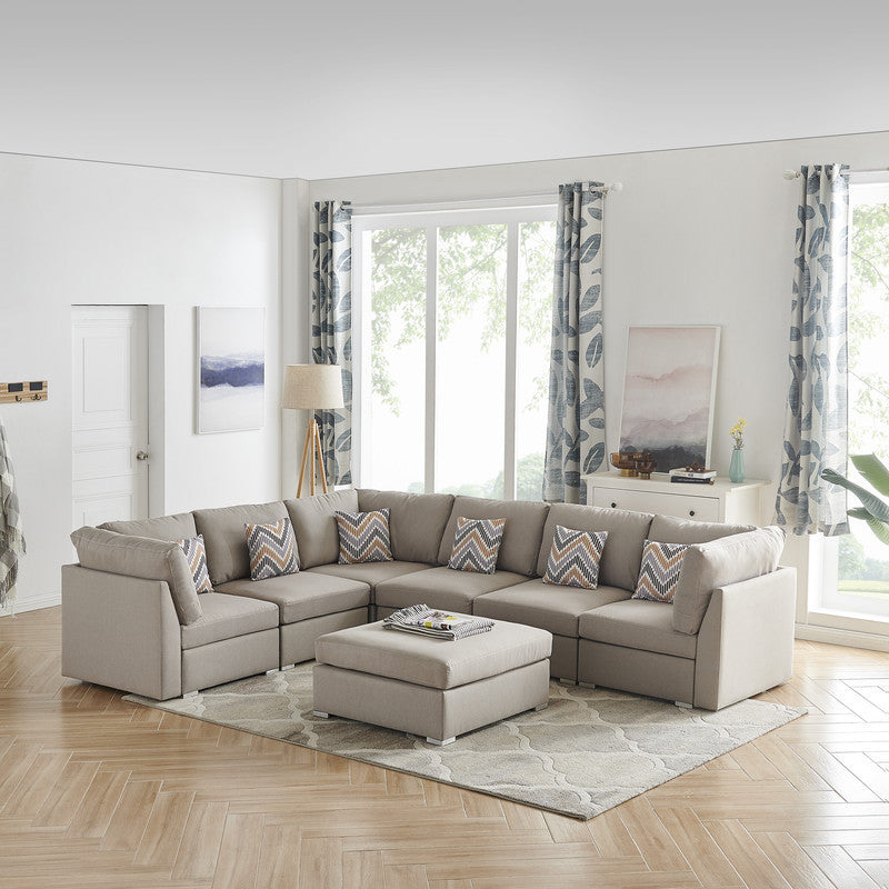 Amira Beige Fabric Modular Sectional Sofa Set with Ottoman and Pillows