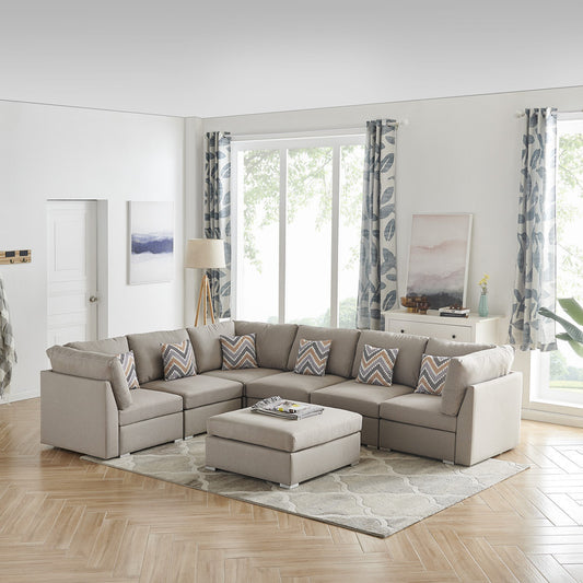 Amira Beige Fabric Modular Sectional Sofa Set with Ottoman and Pillows