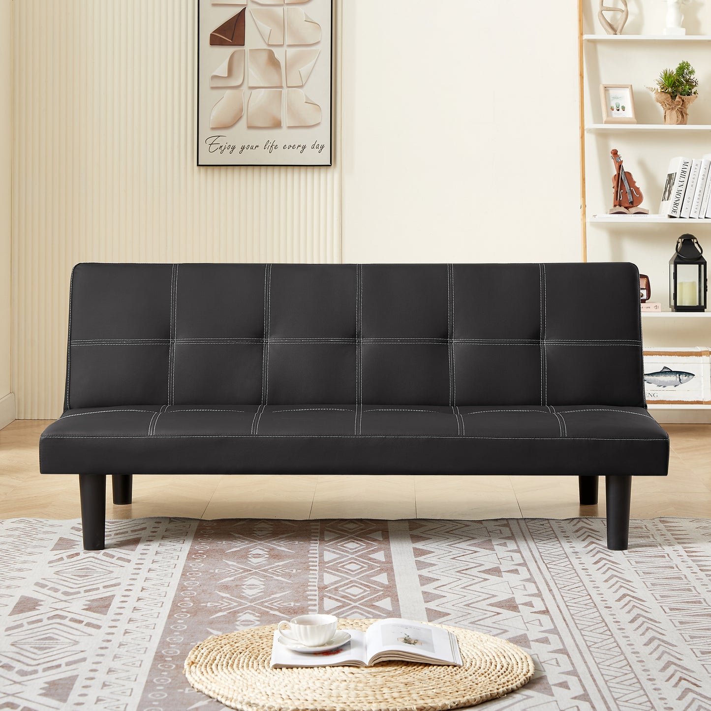 Black PU modern sofa bed, multi-position adjustable sofa bed, plastic feet