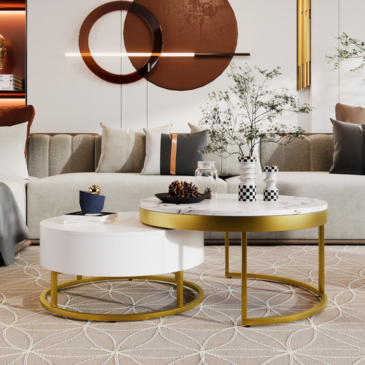 Contemporary White and Gold Nesting Coffee Table with Storage Drawers