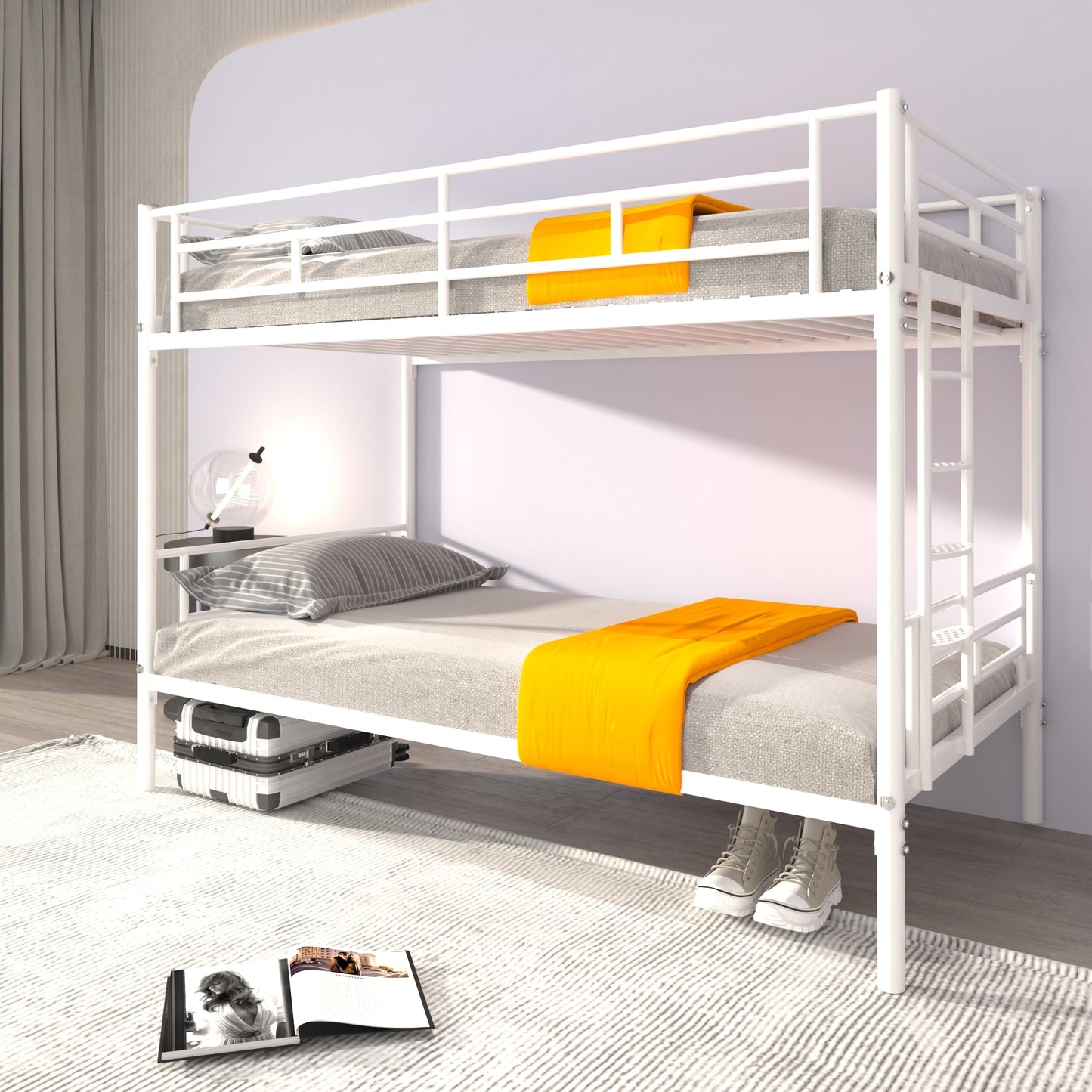 White Metal Twin Bunk Bed with Easy Assembly & Secure Guardrails