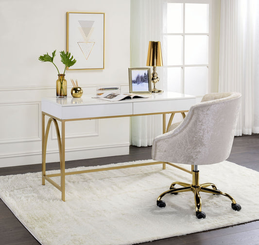 Sleek White and Gold Lightmane Desk with Drawers in High Gloss