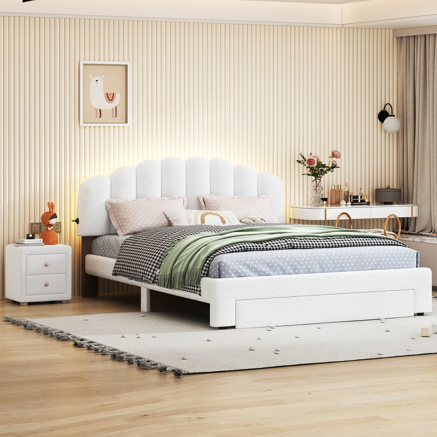 Teddy Fleece Queen Size Upholstered Platform Bed with Nightstand, White