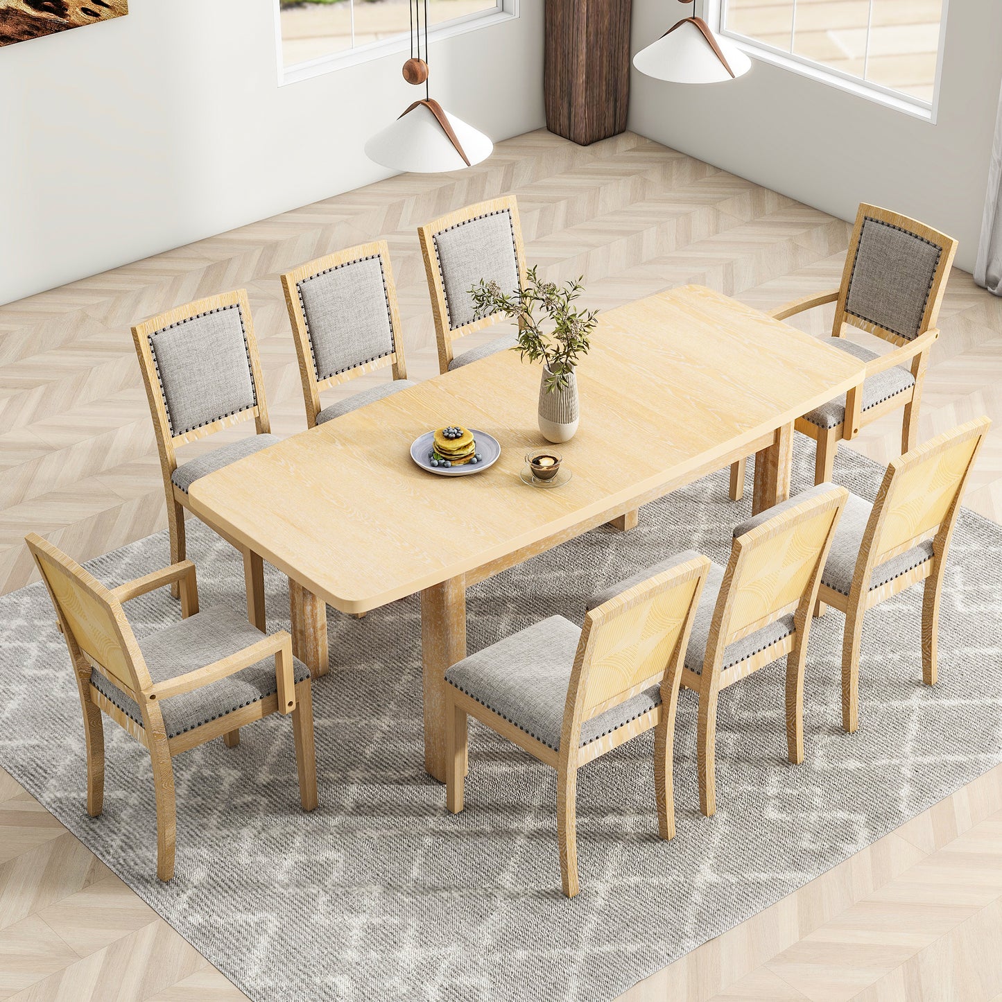 Rustic Extendable 84inch Dining Table Set with 24inch Removable Leaf , 6 Upholstered Armless Dining Chairs and 2 Padded Arm Chairs, 9 Pieces, Natural