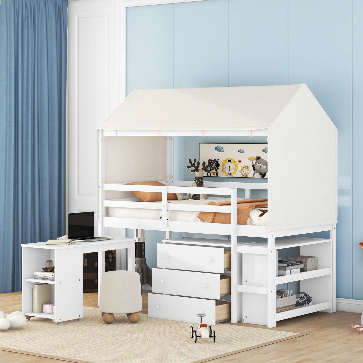 Twin Size Loft Bed with Rolling Cabinet, Shelf and Tent - White