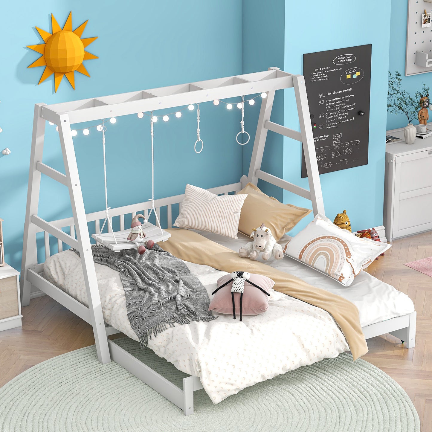 Extendable Twin Daybed with Swing and Ring Handles, White(Twin bed can be pulled out to be King)