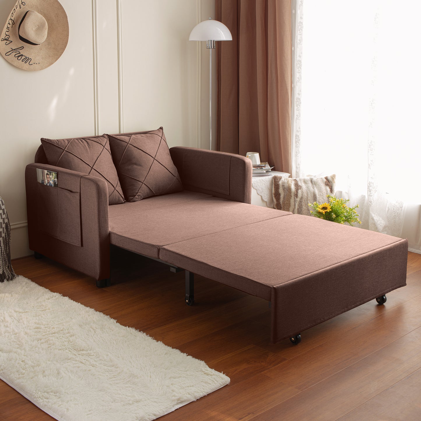 Modern Love Seat Futon Sofa Bed with Headboard,Linen Love seat Couch,Pull Out Sofa Bed With 2 Pillows & 2 Sides Pockets for Any Small Spaces