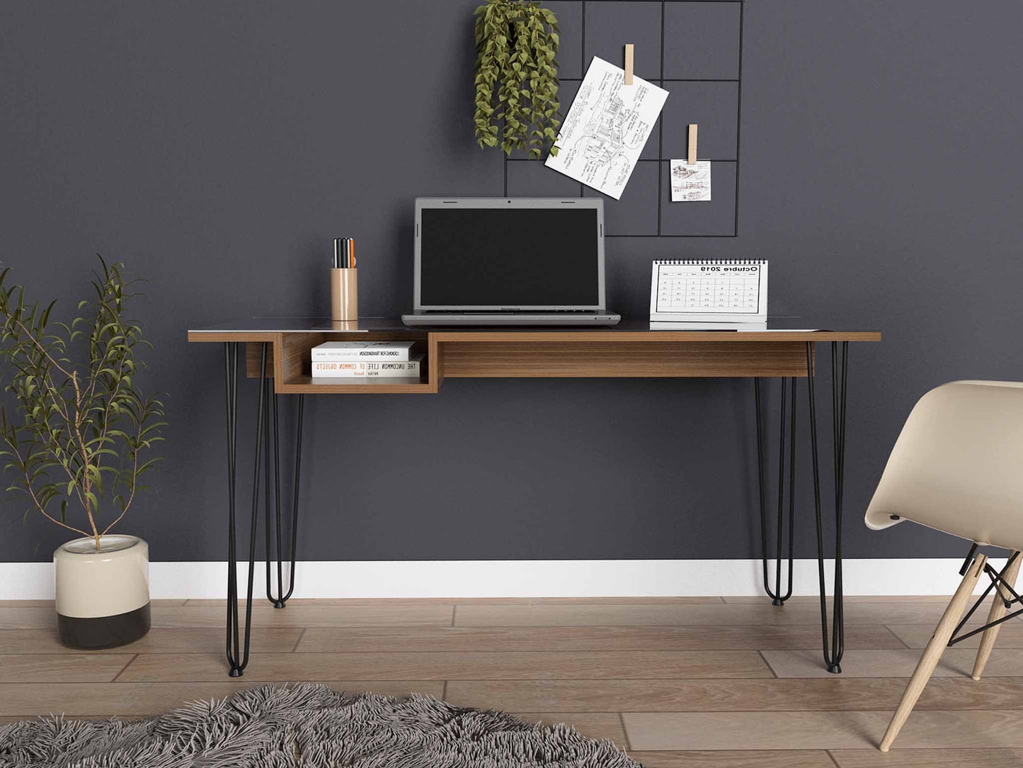 Mahogany Finish Writing Desk with Hairpin Legs and Glass Top With Modern Industrial Appeal