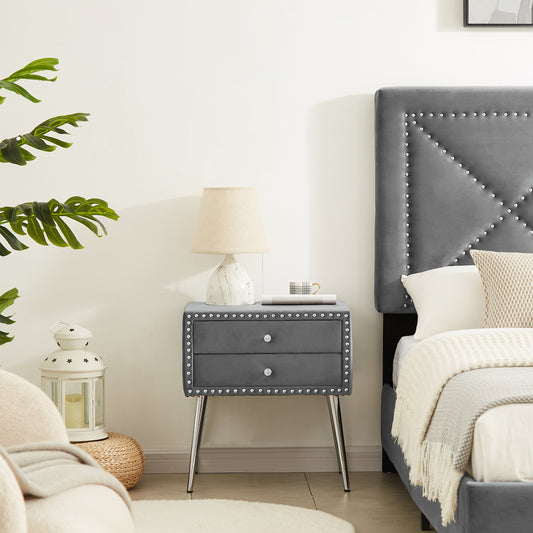 B109-TA Upholstered in durable 100% Grey Velvet nightstand Classic silver rivet elegant button tufted design with two drawer and metal legs