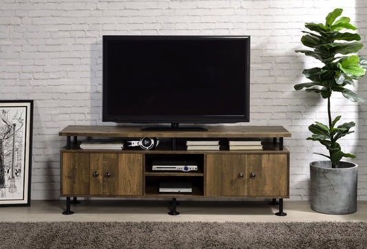 Rustic Oak TV Stand with Industrial Pipework Design