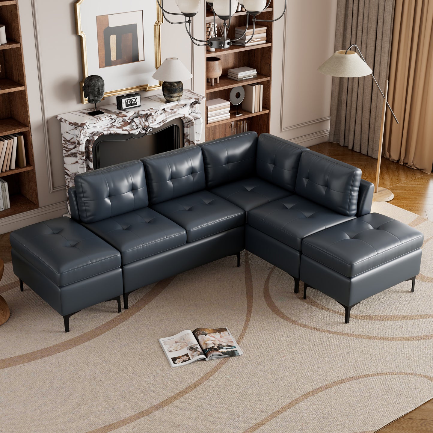 Blue L-Shaped Sectional Sofa Set with Movable Storage Ottomans