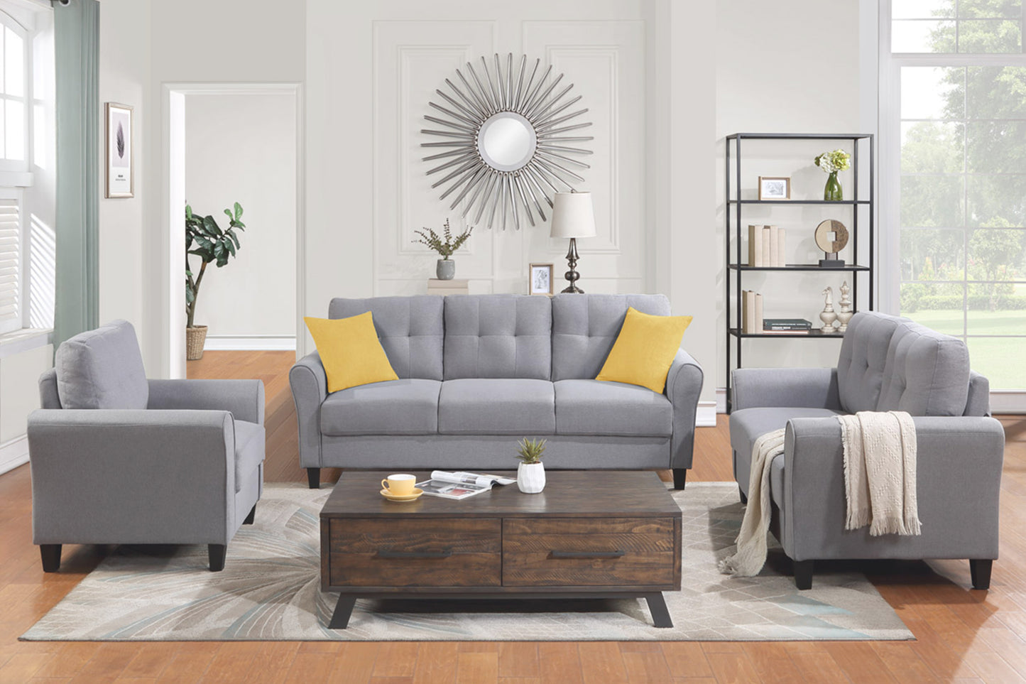 Modern Living Room Sofa Set Linen Upholstered Couch Furniture for Home or Office ,Light Grey-Blue,(1+2+3-Seat)