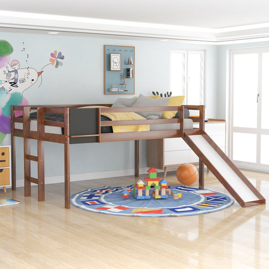 Full size Loft Bed Wood Bed with Slide, Stair and Chalkboard,Walnut