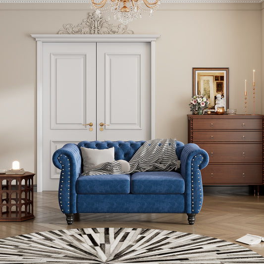 Blue Plush Upholstered Modern Sofa with Solid Wood Legs