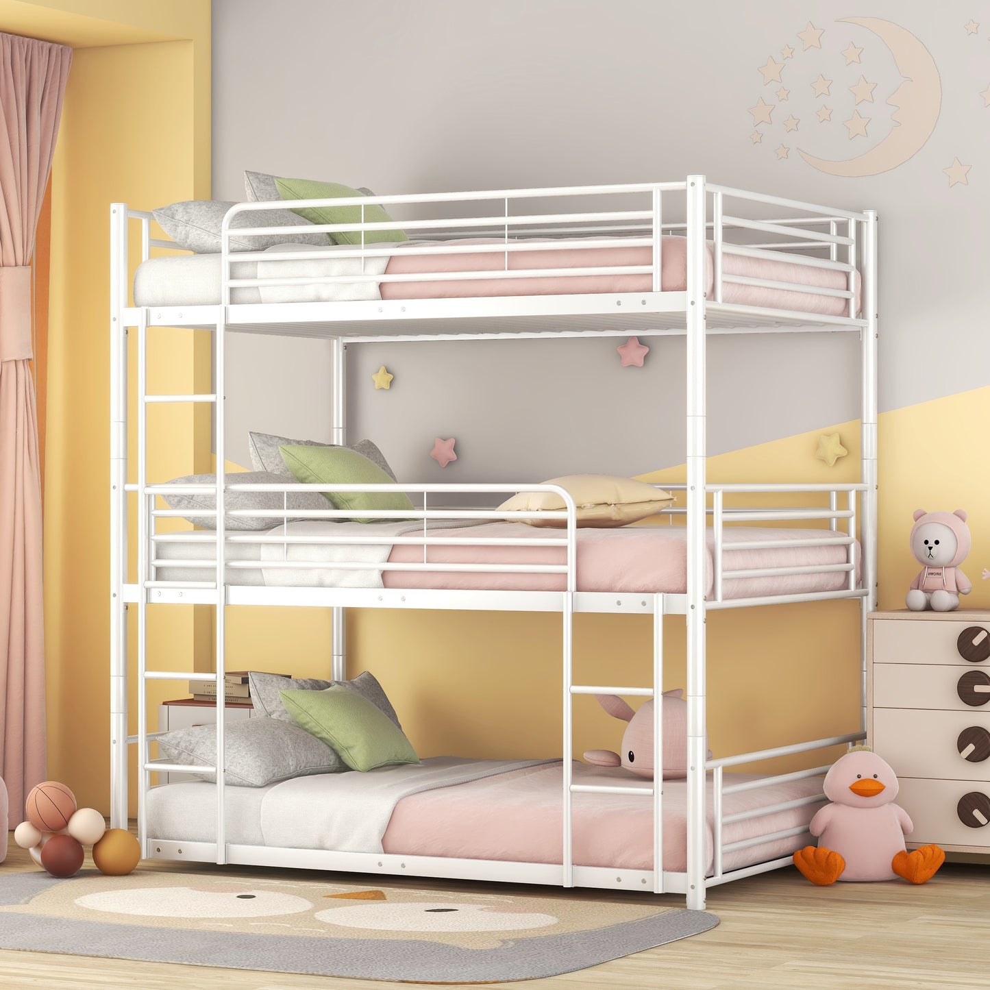 Full-Full-Full Metal  Triple Bed  with Built-in Ladder, Divided into Three Separate Beds,White