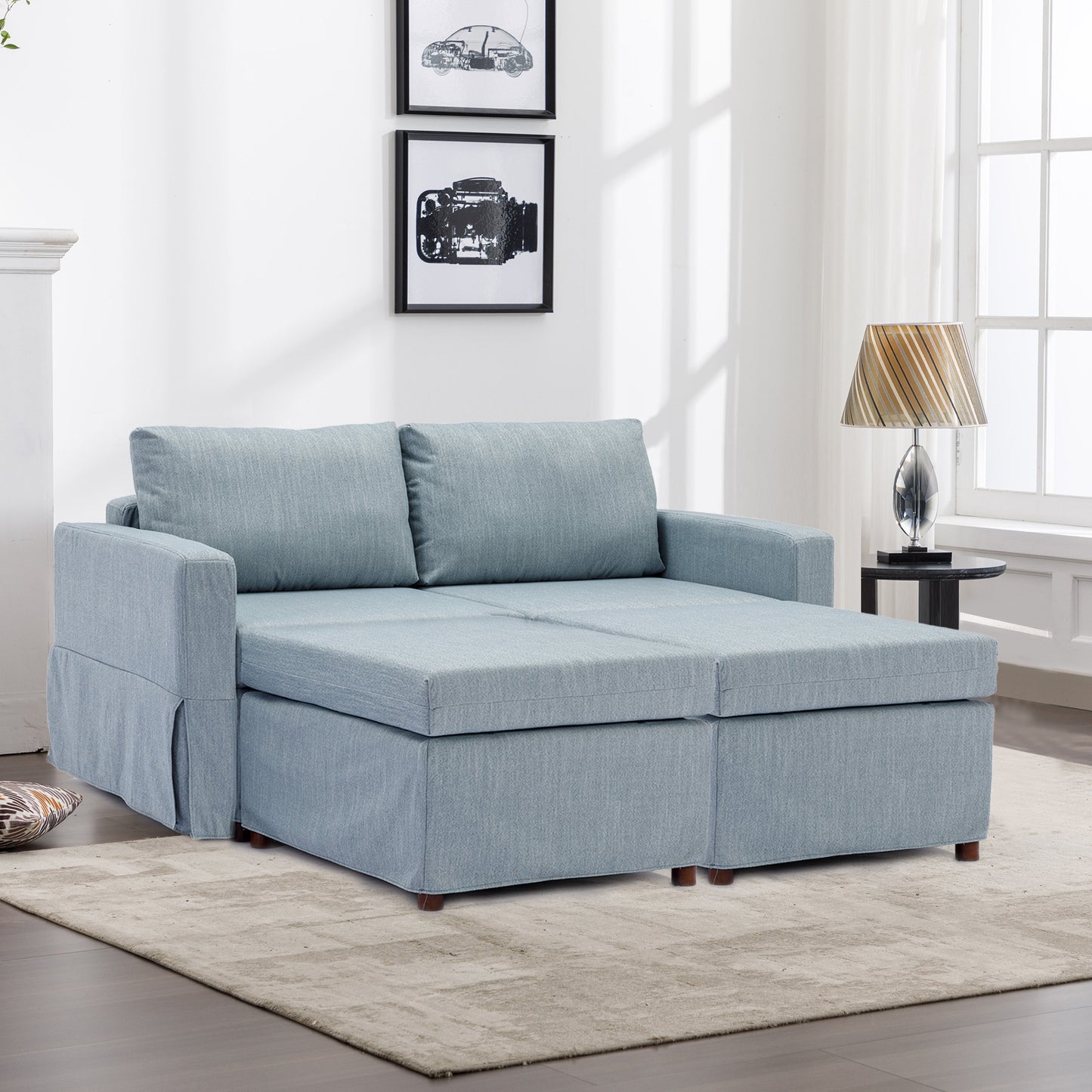 Light Blue 2 Seat Sectional Sofa Set with Ottoman and Removable Washable Cushions