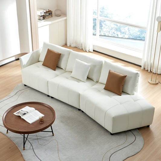 Modern Beige Leather Sectional Sofa with Chaise Lounge and Movable Pillows