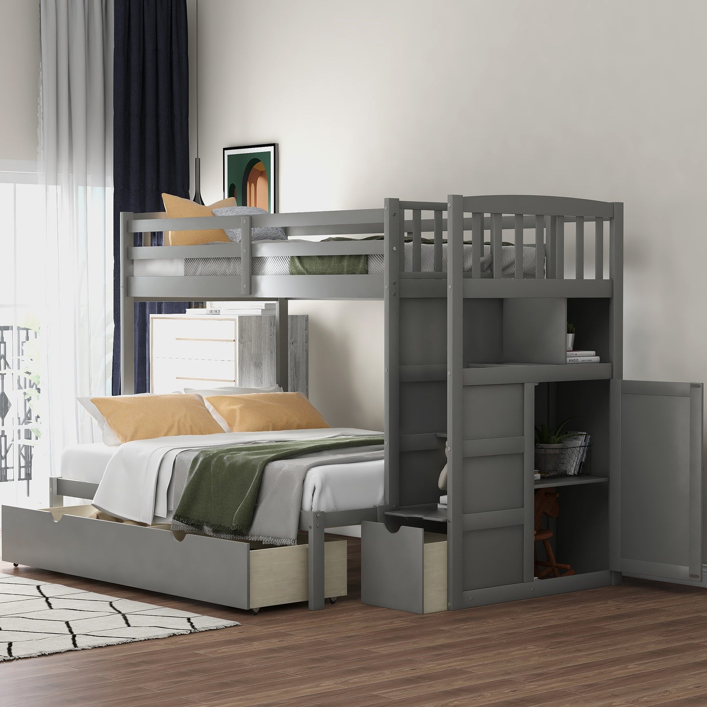 Storage Solution Gray Twin over Full Bunk Bed with Shelves and Drawers