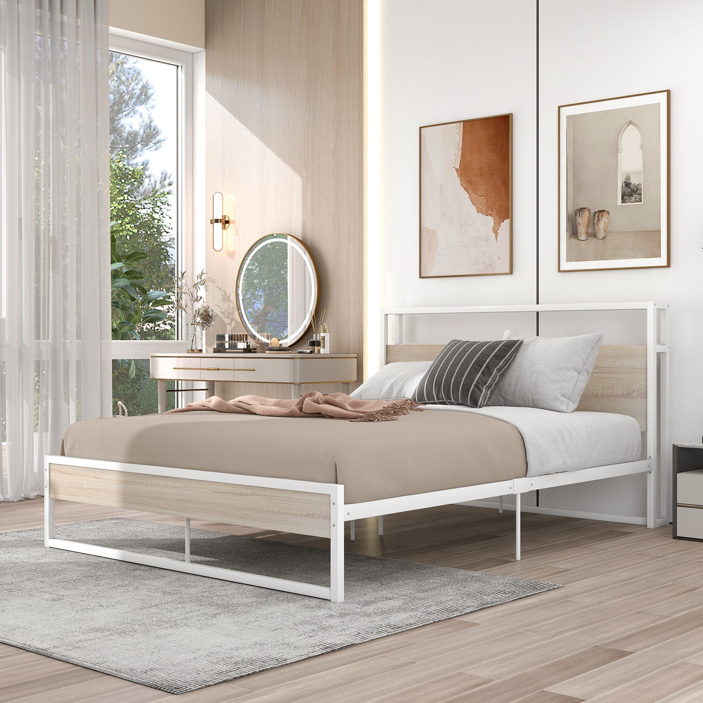 Queen Size Metal Platform Bed Frame with Sockets, USB Ports and Slat Support ,No Box Spring Needed White