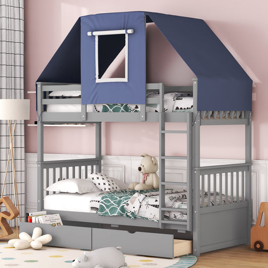 Twin Over Twin House Bunk Bed with Playful Tent and Storage Drawers, Gray+Blue Theme