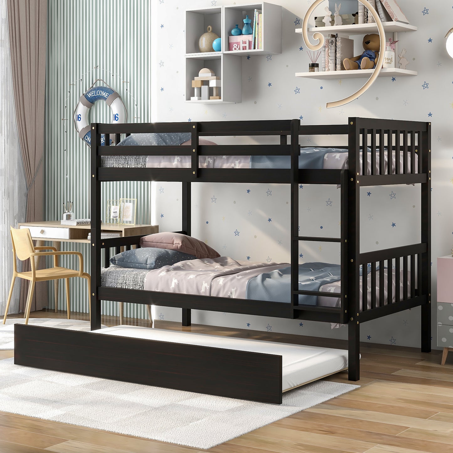 Trio Bunk Bed Set with Trundle, Durable Wood Frame and Safety Enhancements