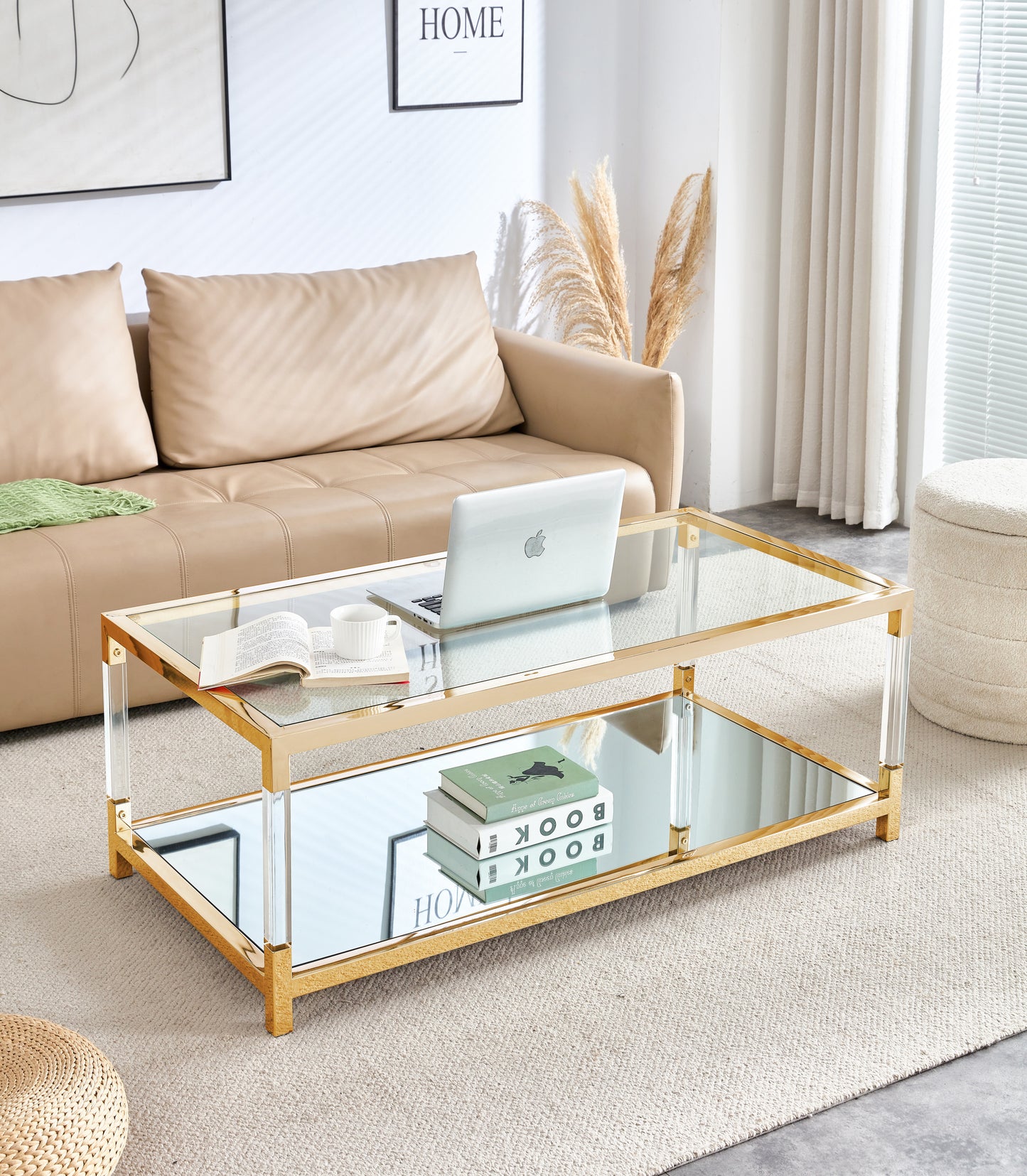 Gold Stainless Steel Coffee Table With Clear Glass Top and Acrylic Frame