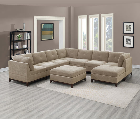 Versatile Camel Chenille Fabric Modular Sectional Set with Tufted Back and Wooden Base