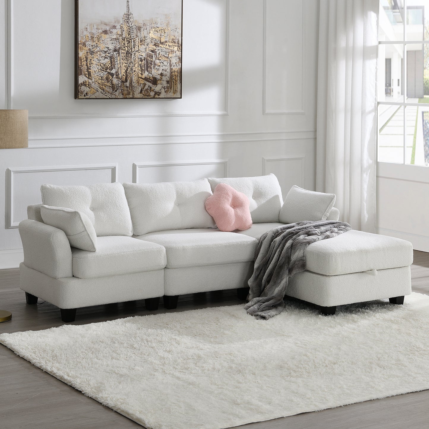 Luxurious Modern Teddy Velvet L-Shaped Sectional Sofa with Charging Ports and Storage Ottoman