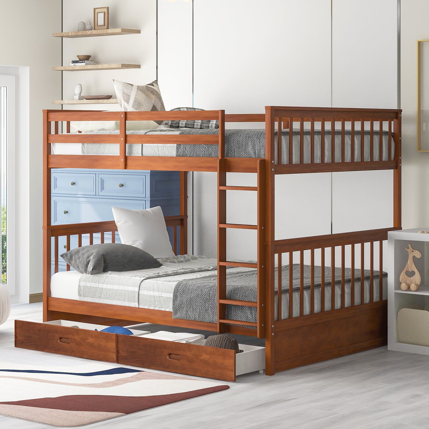 Full-Over-Full Walnut Bunk Bed with Two Storage Drawers and Ladder