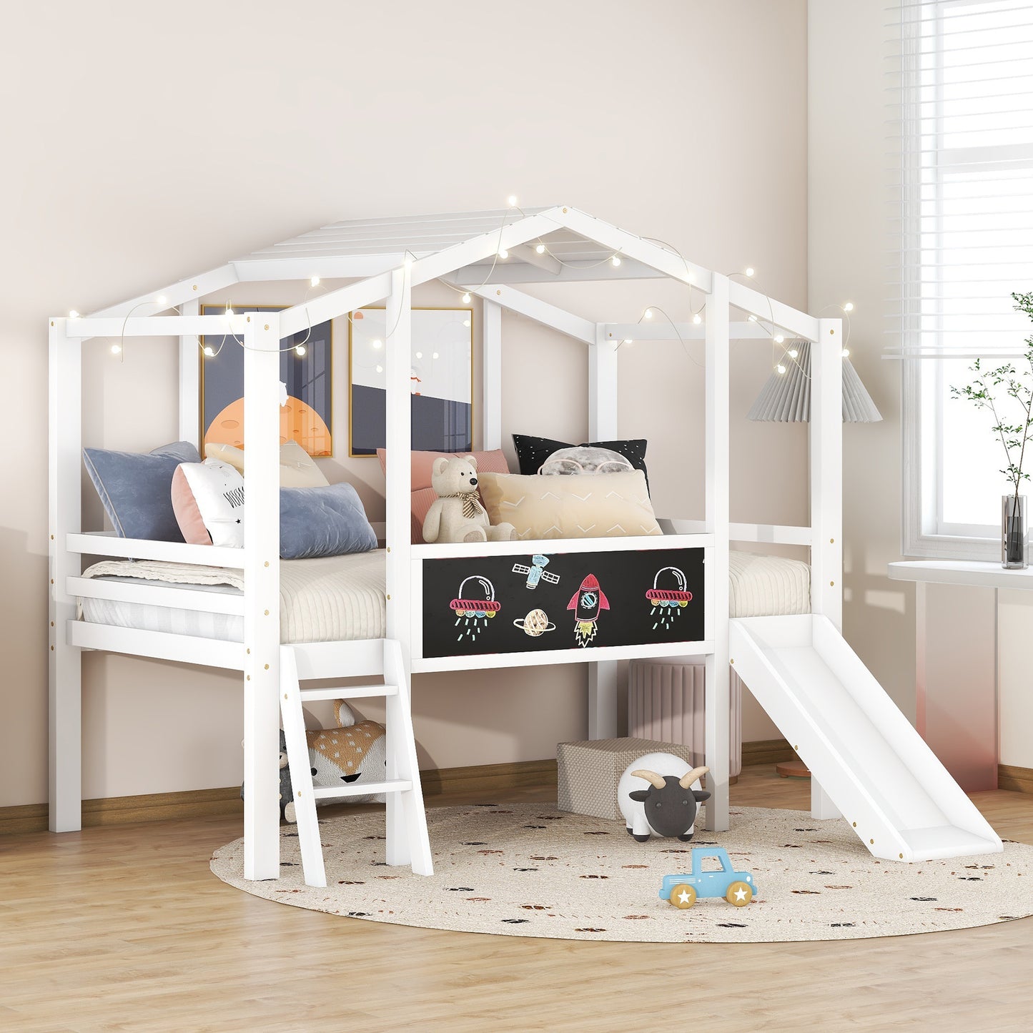 Twin Size Loft Bed with Ladder and Slide, House Bed with Blackboard and Light Strip on the Roof, White