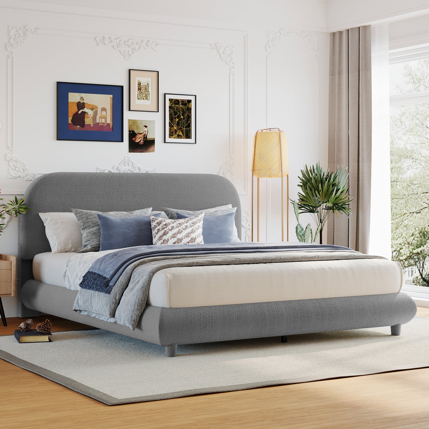 Teddy Fleece Queen Size Upholstered Platform Bed with Thick Fabric, Solid Frame and Stylish Curve-shaped Design, Gray