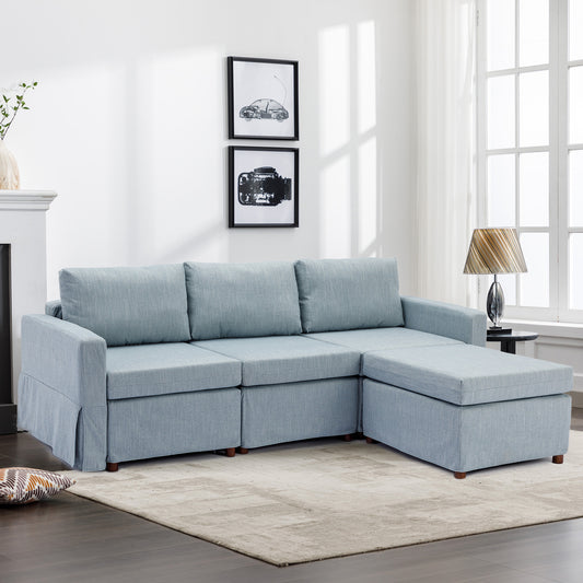 Light Blue Modular Sectional Sofa Set with Ottoman, Removable/Washable Cushions