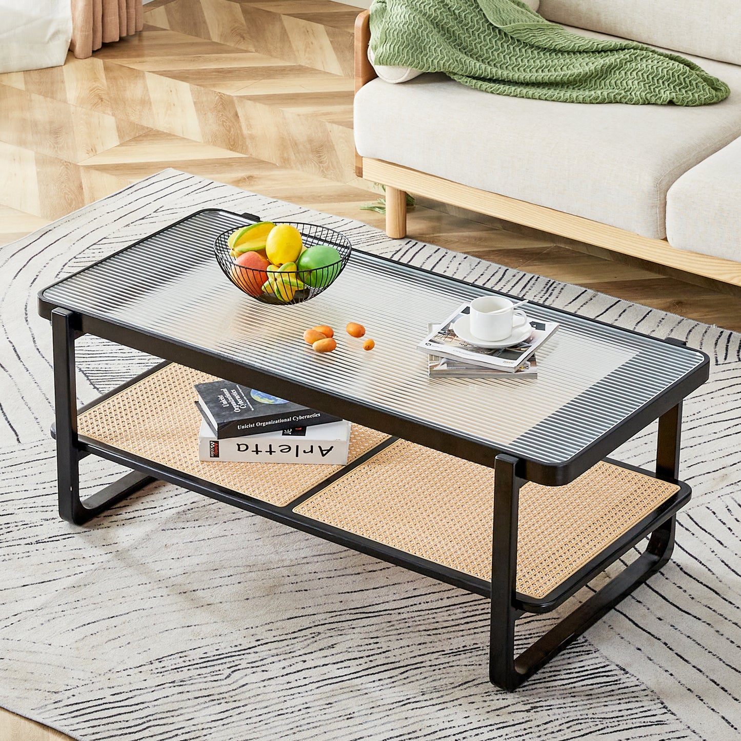 Elegant Rectangular Black Solid Wood Imitation Rattan Coffee Table with Chinese Style Side Table