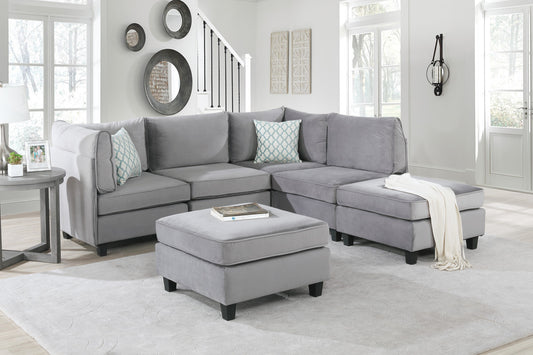 Simona Gray Velvet 6-Piece Sectional Sofa with Modular Design